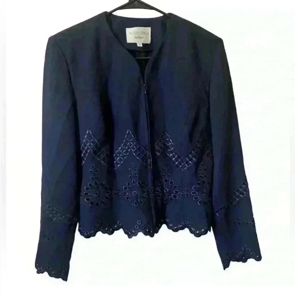 Victor Costa Vintage 90s Blazer Eyelit Lace Navy